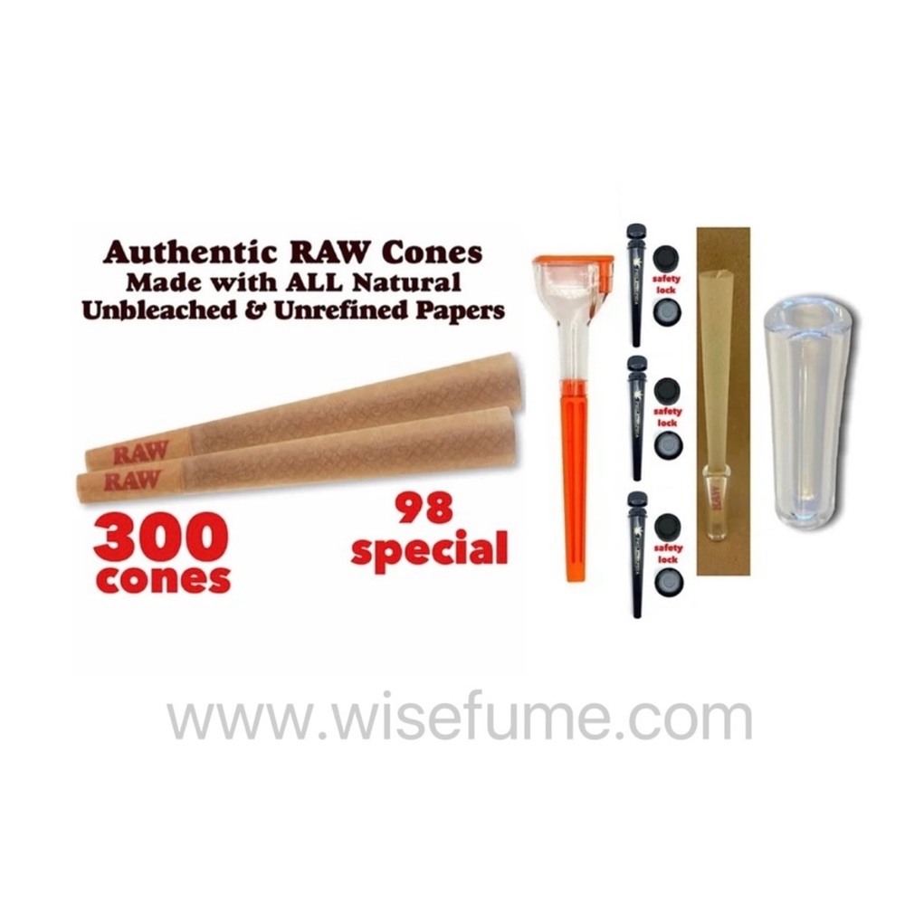 RAW. One classic 98 special cone 300pack + 3 tubes + glass cone tip +cone filler